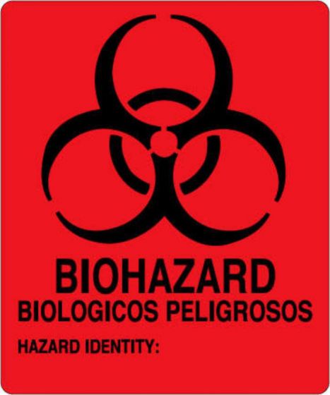 Hazard Label (Paper, Permanent) Biohazard Biologicos  5"x6" Fluorescent Red 10 per Package