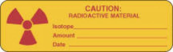 Hazard Label (Paper, Permanent) Caution: Radioactive 2 7/8"x7/8" Yellow - 1000 Labels per Roll