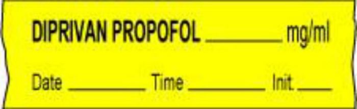Anesthesia Tape with Date, Time & Initial (Removable) Diprivan Propofol mg/ml 1/2" x 500" - 333 Imprints - Yellow - 500 Inches per Roll