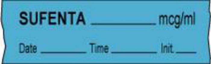 Anesthesia Tape with Date, Time & Initial (Removable) Sufenta mcg/ml 1/2" x 500" - 333 Imprints - Blue - 500 Inches per Roll