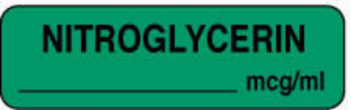 Anesthesia Label (Paper, Permanent) Nitroglycerin mcg/ml 1 1/4" x 3/8" Green - 1000 per Roll