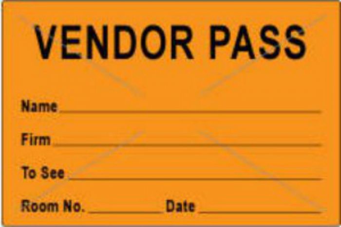 Visitor Pass Label Tamper-Evident Paper Permanent "Vendor Pass Name" 3" x 2" Fl. Orange, 1000 per Roll