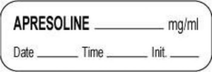 Anesthesia Label with Date, Time & Initial (Paper, Permanent) Apresoline mg/ml 1 1/2" x 1/2" White - 1000 per Roll
