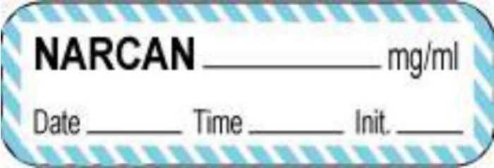 Anesthesia Label with Date, Time & Initial (Paper, Permanent) Narcan mg/ml 1 1/2" x 1/2" White with Blue - 1000 per Roll