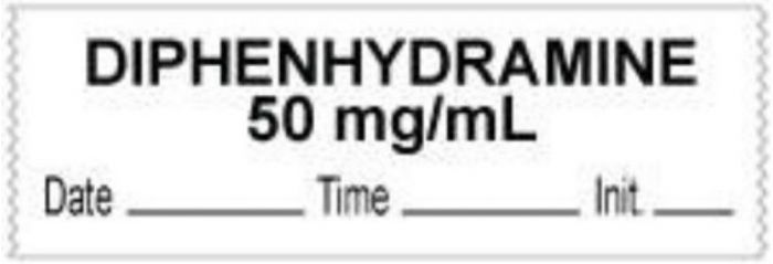 Anesthesia Tape with Date, Time & Initial (Removable) "Diphenhydramine 50 mg" 1/2" x 500" White - 333 Imprints - 500 Inches per Roll