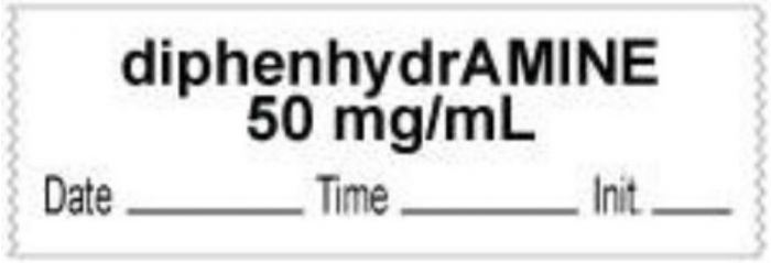 Anesthesia Tape with Date, Time & Initial | Tall-Man Lettering (Removable) "Diphenhydramine 50 mg" 1/2" x 500" White - 333 Imprints - 500 Inches per Roll