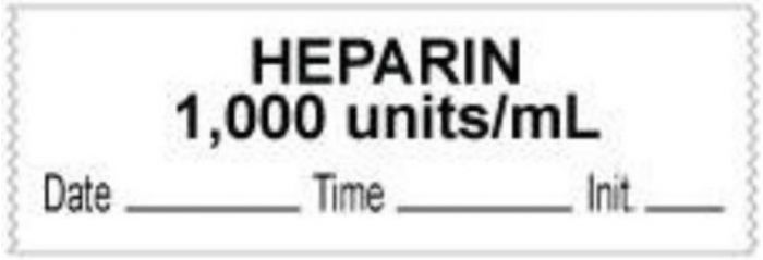Anesthesia Tape with Date, Time & Initial (Removable) "Heparin 1000 Units/ml" 1/2" x 500" White - 333 Imprints - 500 Inches per Roll