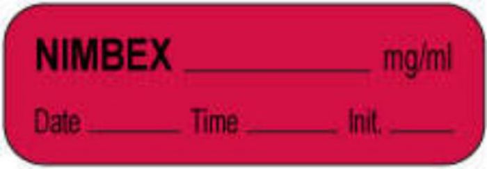 Anesthesia Label with Date, Time & Initial (Paper, Permanent) Nimbex mg/ml 1 1/2" x 1/2" Fluorescent Red - 1000 per Roll