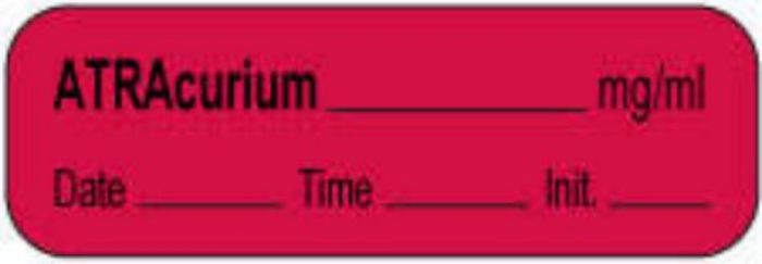 Anesthesia Label with Date, Time & Initial | Tall-Man Lettering (Paper, Permanent) Atracurium mg/ml 1 1/2" x 1/2" Fluorescent Red - 1000 per Roll