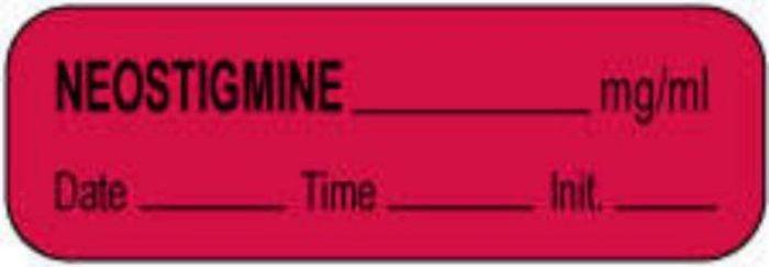Anesthesia Label with Date, Time & Initial (Paper, Permanent) Neostigmine mg/ml 1 1/2" x 1/2" Fluorescent Red - 1000 per Roll