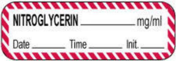 Anesthesia Label with Date, Time & Initial (Paper, Permanent) Nitroglycerin mg/ml 1 1/2" 1 1/2" x 1/2" White with Fluorescent Red - 1000 per Roll