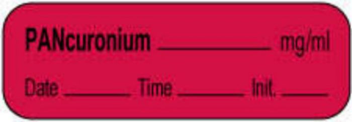 Anesthesia Label with Date, Time & Initial | Tall-Man Lettering (Paper, Permanent) Pancuronium mg/ml 1 1/2" x 1/2" Fluorescent Red - 1000 per Roll