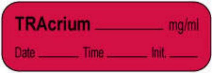 Anesthesia Label with Date, Time & Initial | Tall-Man Lettering (Paper, Permanent) Tracrium mg/ml 1 1/2" x 1/2" Fluorescent Red - 1000 per Roll