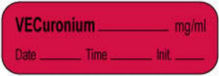Anesthesia Label with Date, Time & Initial | Tall-Man Lettering (Paper, Permanent) Vecuronium mg/ml 1 1/2" x 1/2" Fluorescent Red - 1000 per Roll