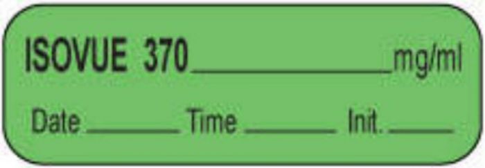 Anesthesia Label with Date, Time & Initial (Paper, Permanent) Isovue 370 mg/ml 1 1/2" x 1/2" Green - 1000 per Roll