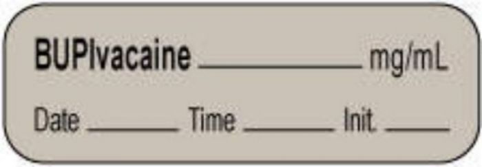 Anesthesia Label with Date, Time & Initial | Tall-Man Lettering (Paper, Permanent) Bupivacaine mg/ml 1 1/2" x 1/2" Gray - 1000 per Roll