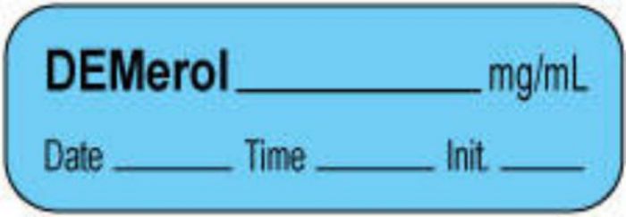 Anesthesia Label with Date, Time & Initial | Tall-Man Lettering (Paper, Permanent) Demerol mg/ml 1 1/2" x 1/2" Blue - 1000 per Roll