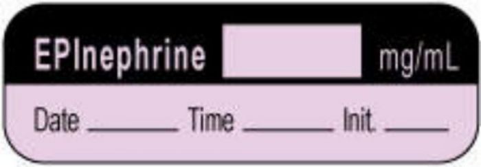 Anesthesia Label with Date, Time & Initial | Tall-Man Lettering (Paper, Permanent) Epinephrine mg/ml 1 1/2" x 1/2" Violet and Black - 1000 per Roll