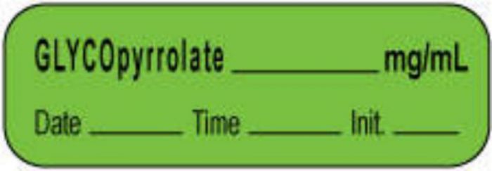 Anesthesia Label with Date, Time & Initial | Tall-Man Lettering (Paper, Permanent) Glycopyrrolate mg/ml 1 1/2" x 1/2" Green - 1000 per Roll