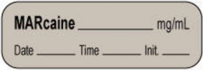 Anesthesia Label with Date, Time & Initial | Tall-Man Lettering (Paper, Permanent) Marcaine mg/mll 1 1/2" x 1/2" Gray - 1000 per Roll