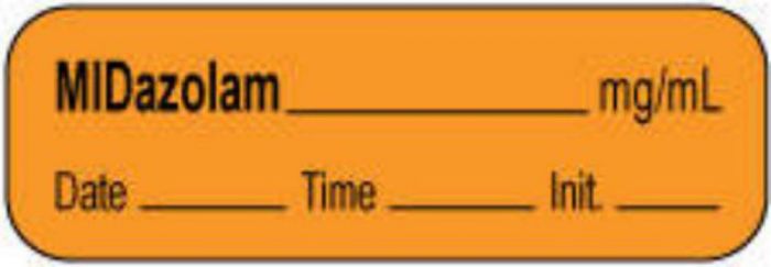 Anesthesia Label with Date, Time & Initial | Tall-Man Lettering (Paper, Permanent) Midazolam mg/ml 1 1/2" x 1/2" Orange - 1000 per Roll
