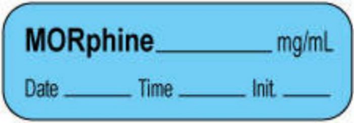 Anesthesia Label with Date, Time & Initial | Tall-Man Lettering (Paper, Permanent) Morphine mg/ml 1 1/2" x 1/2" Blue - 1000 per Roll