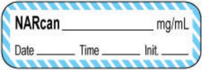 Anesthesia Label with Date, Time & Initial | Tall-Man Lettering (Paper, Permanent) Narcan mg/ml 1 1/2" x 1/2" White with Blue - 1000 per Roll