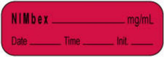 Anesthesia Label with Date, Time & Initial | Tall-Man Lettering (Paper, Permanent) Nimbex mg/ml 1 1/2" x 1/2" Fluorescent Red - 1000 per Roll