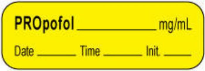 Anesthesia Label with Date, Time & Initial | Tall-Man Lettering (Paper, Permanent) Propofol mg/ml 1 1/2" x 1/2" Yellow - 1000 per Roll