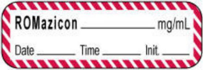 Anesthesia Label with Date, Time & Initial | Tall-Man Lettering (Paper, Permanent) Romazicon mg/ml 1 1/2" x 1/2" White with Fluorescent Red - 1000 per Roll