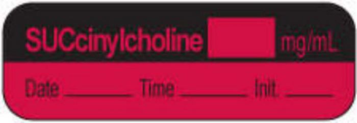 Anesthesia Label with Date, Time & Initial | Tall-Man Lettering (Paper, Permanent) Succinylcholine mg/ml 1 1/2" x 1/2" Fluorescent Red and Black - 1000 per Roll