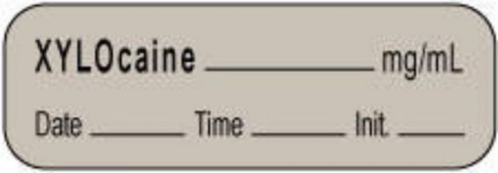 Anesthesia Label with Date, Time & Initial | Tall-Man Lettering (Paper, Permanent) Xylocaine mg/ml 1 1/2" x 1/2" Gray - 1000 per Roll