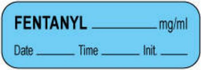 Anesthesia Label with Date, Time & Initial (Paper, Permanent) Fentanyl mg/ml 1 1/2" x 1/2" Blue - 1000 per Roll