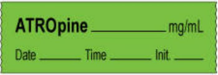 Anesthesia Tape with Date, Time & Initial | Tall-Man Lettering (Removable) Atropine mg/ml 1/2" x 500" - 333 Imprints - Green - 500 Inches per Roll