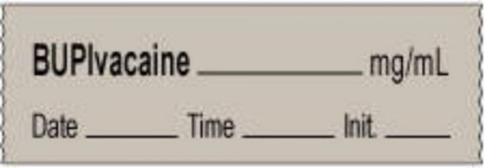 Anesthesia Tape with Date, Time & Initial | Tall-Man Lettering (Removable) Bupivacaine mg/ml 1/2" x 500" - 333 Imprints - Gray - 500 Inches per Roll