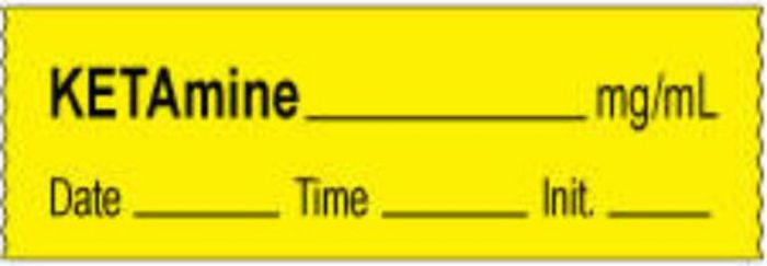 Anesthesia Tape with Date, Time & Initial | Tall-Man Lettering (Removable) Ketamine mg/ml 1/2" x 500" - 333 Imprints - Yellow - 500 Inches per Roll
