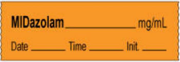 Anesthesia Tape with Date, Time & Initial | Tall-Man Lettering (Removable) Midazolam mg/ml 1/2" x 500" - 333 Imprints - Orange - 500 Inches per Roll