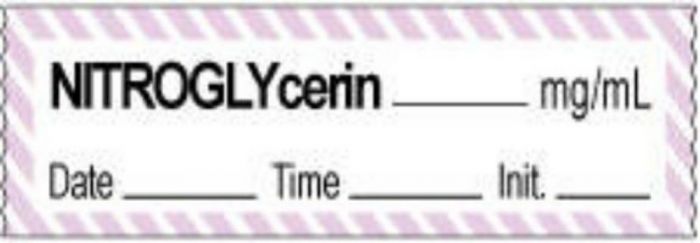 Anesthesia Tape with Date, Time & Initial | Tall-Man Lettering (Removable) Nitroglycerin mg/ml 1/2" x 500" - 333 Imprints - White with Violet - 500 Inches per Roll
