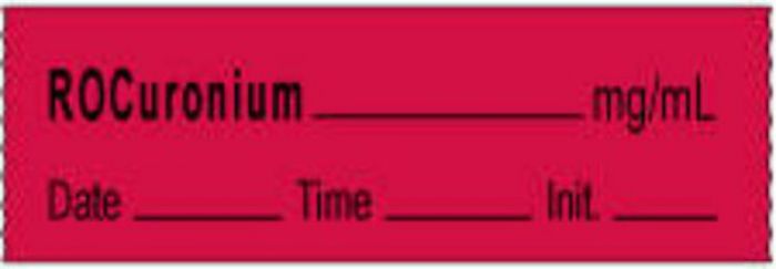 Anesthesia Tape with Date, Time & Initial | Tall-Man Lettering (Removable) Rocuronium mg/ml 1/2" x 500" - 333 Imprints - Fluorescent Red - 500 Inches per Roll