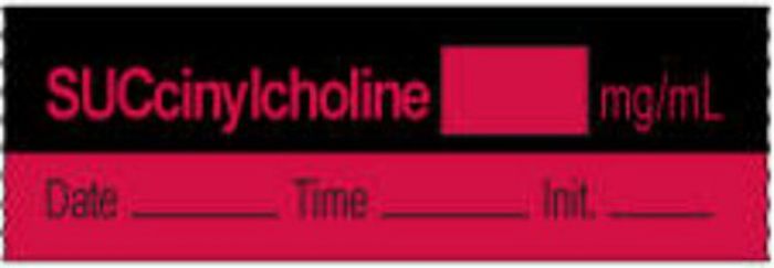 Anesthesia Tape with Date, Time & Initial | Tall-Man Lettering (Removable) Succinylcholine mg/ml 1/2" x 500" - 333 Imprints - Fluorescent Red and Black - 500 Inches per Roll