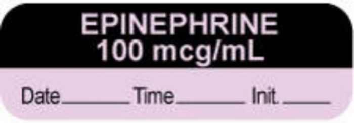 Anesthesia Label with Date, Time & Initial (Paper, Permanent) "Epinephrine 100 mcg/ml" 1 1/2" x 1/2" Violet and Black - 1000 per Roll