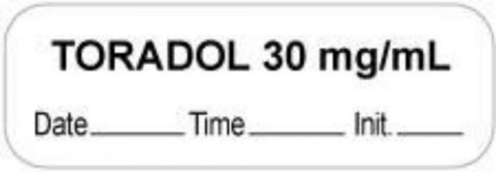 Anesthesia Label with Date, Time & Initial (Paper, Permanent) "Toradol 30 mg/ml" 1 1/2" x 1/2" White - 1000 per Roll