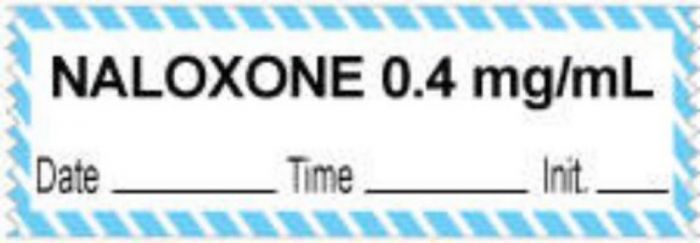 Anesthesia Tape with Date, Time & Initial (Removable) "Naloxone 0.4 mg/ml" 1/2" x 500" White with Blue - 333 Imprints - 500 Inches per Roll