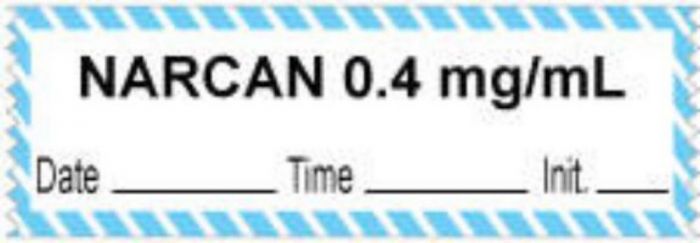 Anesthesia Tape with Date, Time & Initial (Removable) "Narcan 0.4 mg/ml" 1/2" x 500" White with Blue - 333 Imprints - 500 Inches per Roll