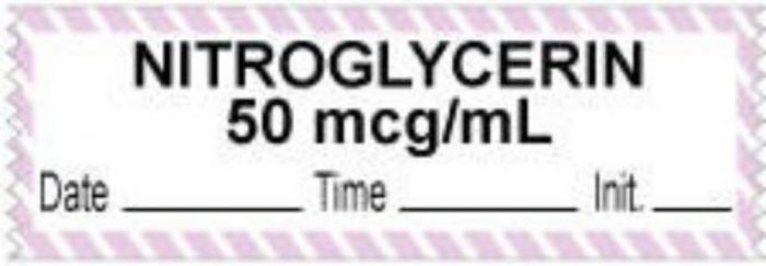 Anesthesia Tape with Date, Time & Initial (Removable) "Nitroglycerin 50 mcg" 1/2" x 500" White with Violet - 333 Imprints - 500 Inches per Roll