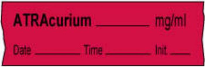 Anesthesia Tape with Date, Time & Initial | Tall-Man Lettering (Removable) Atracurium mg/ml 1/2" x 500" - 333 Imprints - Fluorescent Red - 500 Inches per Roll
