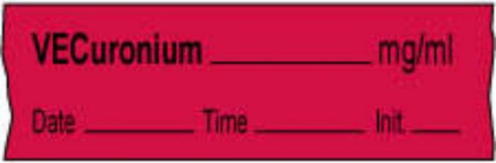 Anesthesia Tape with Date, Time & Initial | Tall-Man Lettering (Removable) Vecuronium mg/ml 1/2" x 500" - 333 Imprints - Fluorescent Red - 500 Inches per Roll