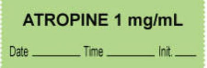 Anesthesia Tape with Date, Time & Initial (Removable) "Atropine 1 mg/ml" 1/2" x 500" Green - 333 Imprints - 500 Inches per Roll
