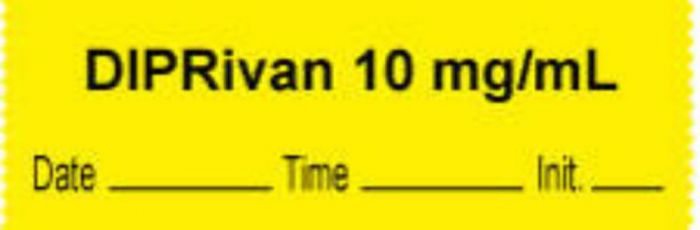 Anesthesia Tape with Date, Time & Initial | Tall-Man Lettering (Removable) "Diprivan 10 mg/ml" 1/2" x 500" Yellow - 333 Imprints - 500 Inches per Roll