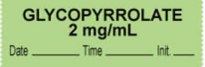 Anesthesia Tape with Date, Time & Initial (Removable) "Glycopyrrolate 2 mg/ml" 1/2" x 500" Green - 333 Imprints - 500 Inches per Roll